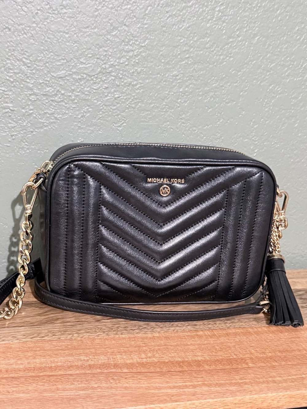 Michael Kors Black Quilted Leather Crossbody with Gold Hardware and Tassel